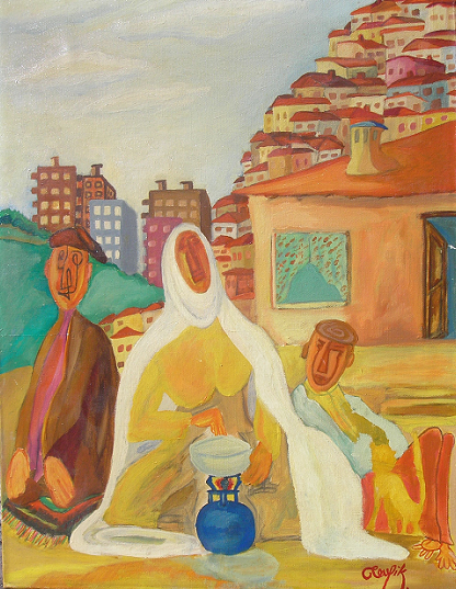 Tevfik Yalçın: "Köyden kente" yağlı boya ,65 cm x 50 cm 1977 (Aile koleksiyonu)